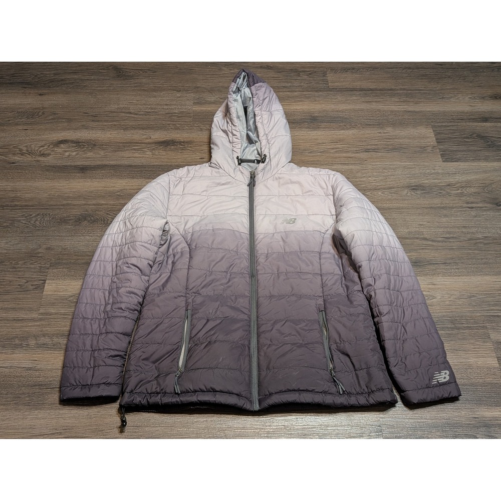 New Balance Womens Large Ombre Quilted Puffer Jacket Hooded Gray Purple RN130893